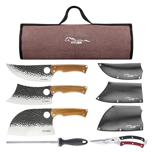 VITUER 9 PCS Butcher Viking Camping Knife Set, 7" Serbian Chef Knife, 7" Butcher Meat Cleaver, 6.5" Viking Knife, 3 Knife Sheath, Honing Steel, Poultry Shears and Knife Roll Bag (Stylish Horse Pattern) - Image 1