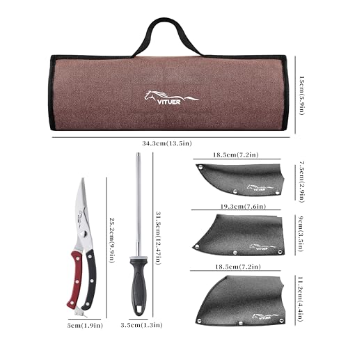 VITUER 9 PCS Butcher Viking Camping Knife Set, 7" Serbian Chef Knife, 7" Butcher Meat Cleaver, 6.5" Viking Knife, 3 Knife Sheath, Honing Steel, Poultry Shears and Knife Roll Bag (Stylish Horse Pattern) - Image 3