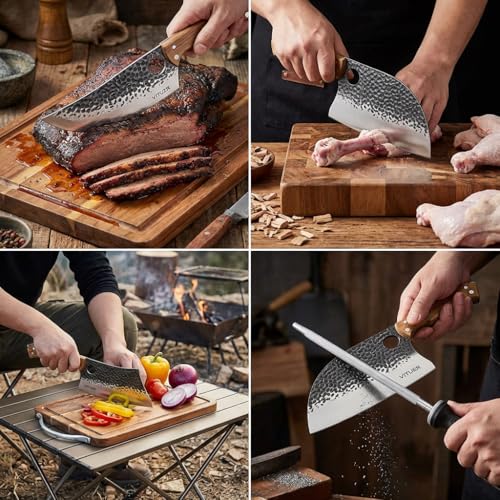 VITUER 9 PCS Butcher Viking Camping Knife Set, 7" Serbian Chef Knife, 7" Butcher Meat Cleaver, 6.5" Viking Knife, 3 Knife Sheath, Honing Steel, Poultry Shears and Knife Roll Bag (Stylish Horse Pattern) - Image 4