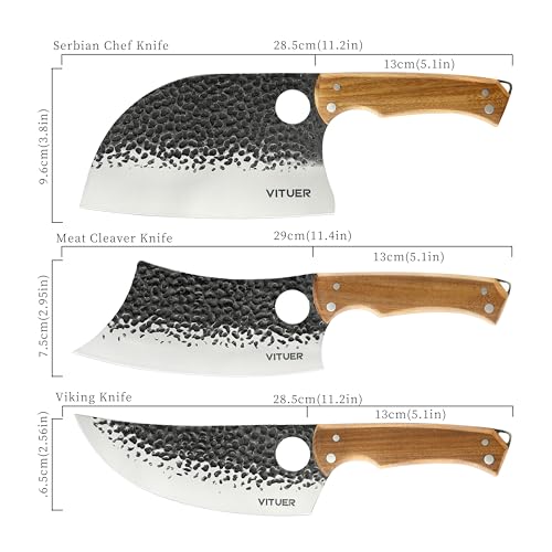 VITUER 9 PCS Butcher Viking Camping Knife Set, 7" Serbian Chef Knife, 7" Butcher Meat Cleaver, 6.5" Viking Knife, 3 Knife Sheath, Honing Steel, Poultry Shears and Knife Roll Bag (Stylish Horse Pattern) - Image 2