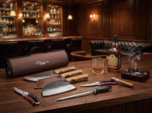 VITUER 9 PCS Butcher Viking Camping Knife Set, 7" Serbian Chef Knife, 7" Butcher Meat Cleaver, 6.5" Viking Knife, 3 Knife Sheath, Honing Steel, Poultry Shears and Knife Roll Bag (Stylish Horse Pattern) - Image 5