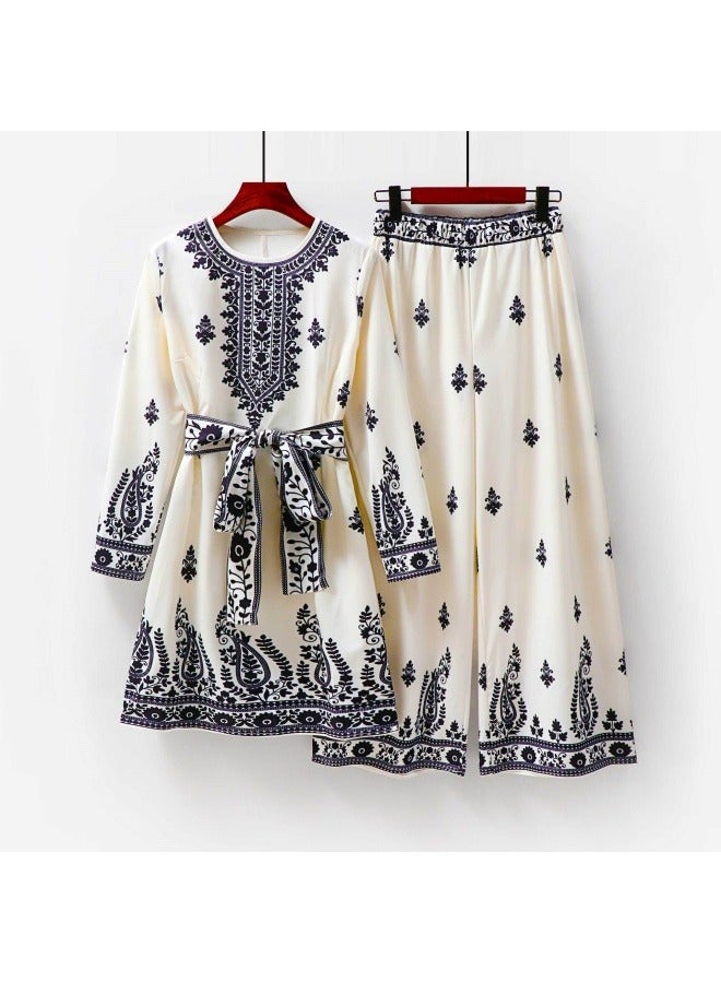 general 2025 Muslim ethnic style fashion casual belt printed suit top + pants - Image 1