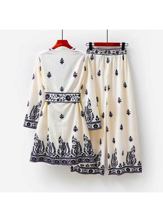 general 2025 Muslim ethnic style fashion casual belt printed suit top + pants - Image 2