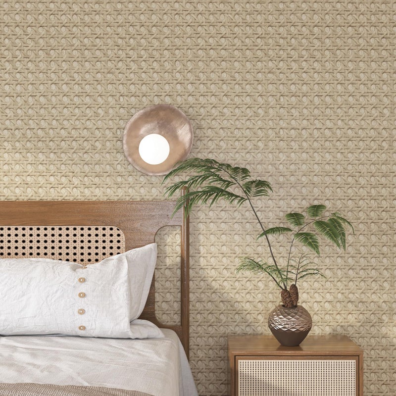 FunStick Tan Brown Rattan Wallpaper Peel and Stick Cane Webbing Wicker Weave Beige Rattan Contact Paper for Furniture Cabinets Waterproof Boho Faux Textured Wall Paper Self Adhesive Burlap Fabric Roll - Image 3