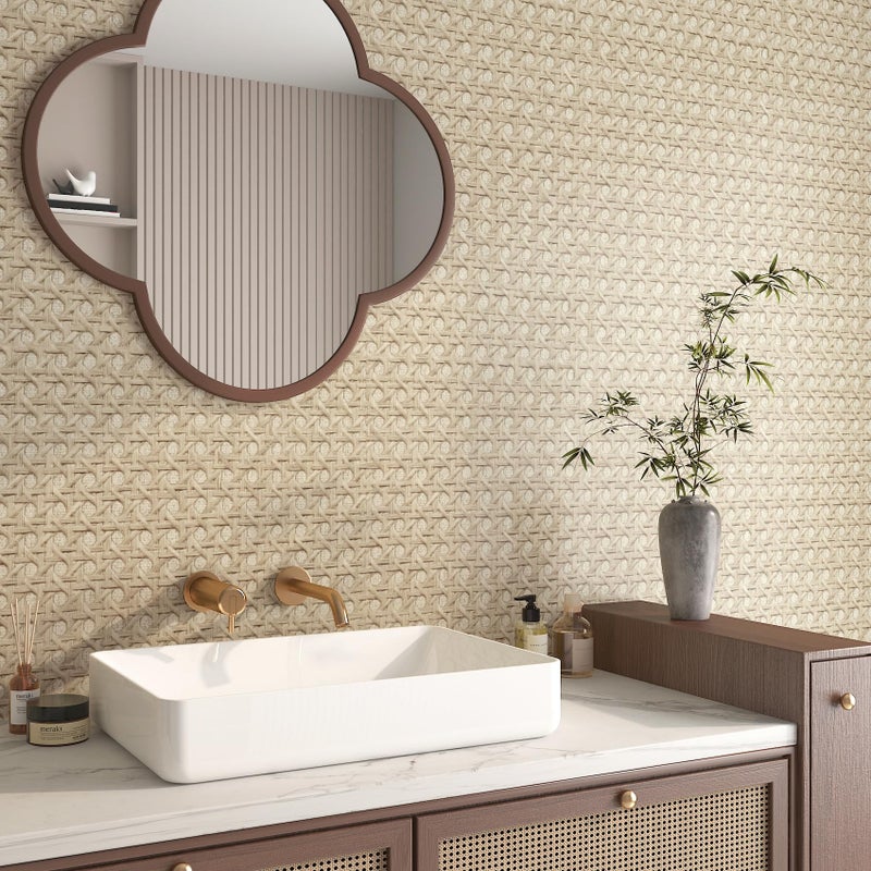 FunStick Tan Brown Rattan Wallpaper Peel and Stick Cane Webbing Wicker Weave Beige Rattan Contact Paper for Furniture Cabinets Waterproof Boho Faux Textured Wall Paper Self Adhesive Burlap Fabric Roll - Image 5