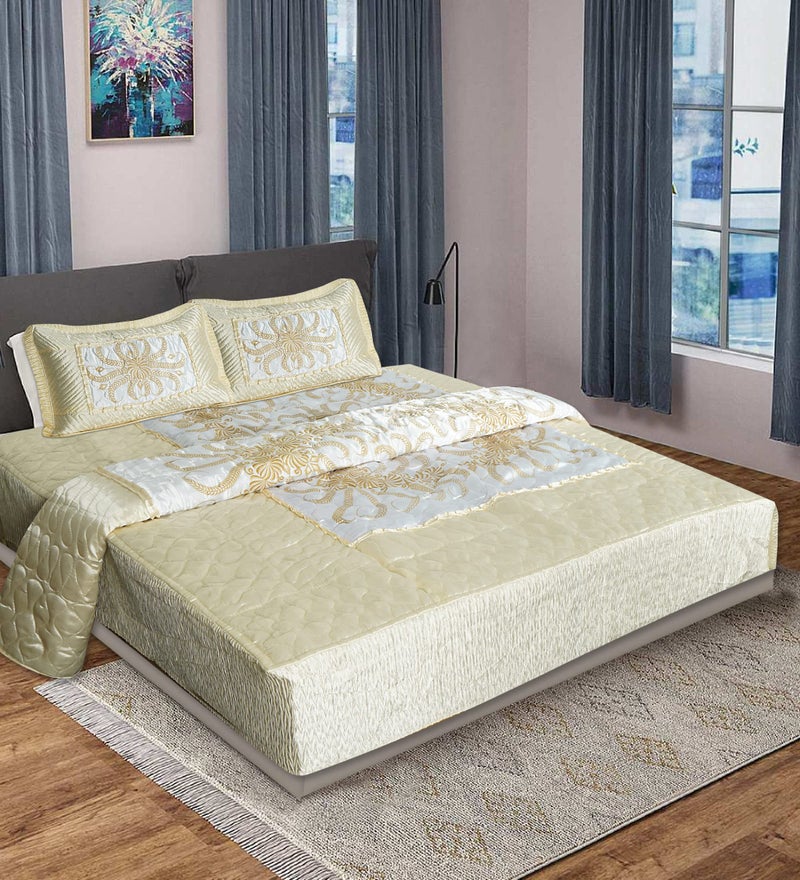 TRUE VALUA 310 TC Satin AC Comforter Set Deluxe VIP Double Bed Bedsheet with 2 Pillow Cover's,4 Pieces Bedding Set in a Bag (Double, Cream) - Image 1