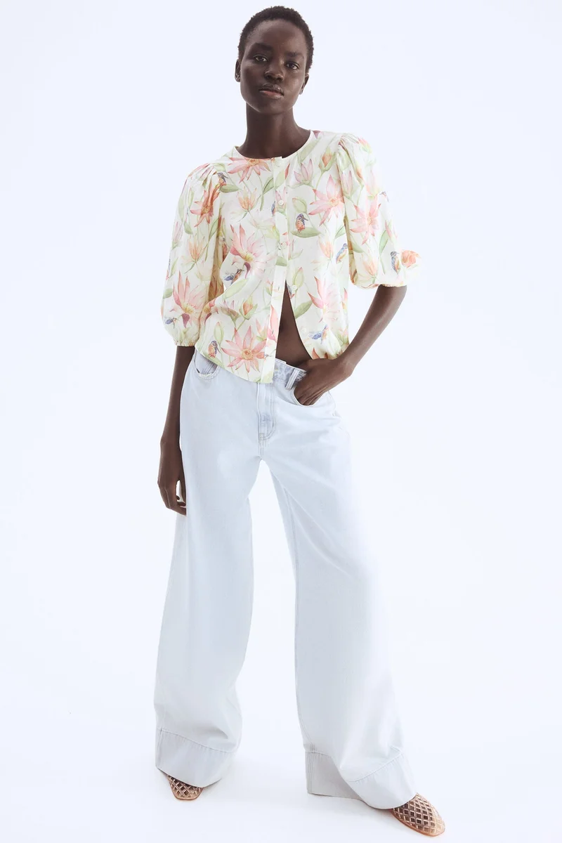 اتش اند ام بلوزة من مزيج الكتان