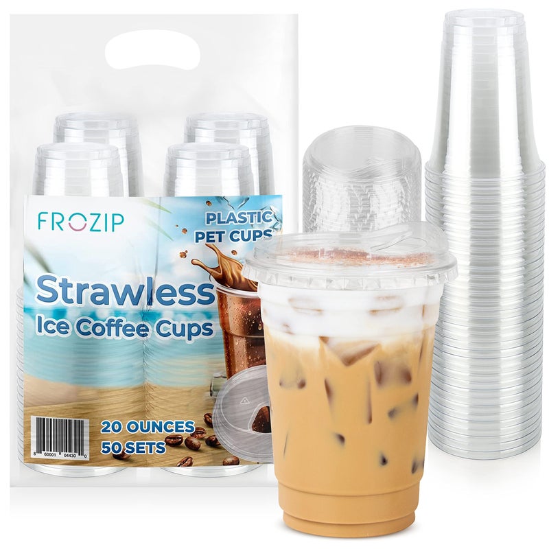 FROZIP 50 Pack 20oz Plastic Coffee Cups with Sip Lids  Clear Plastic Cups with Lids for Smoothies Iced Coffee  Restaurant Supplies