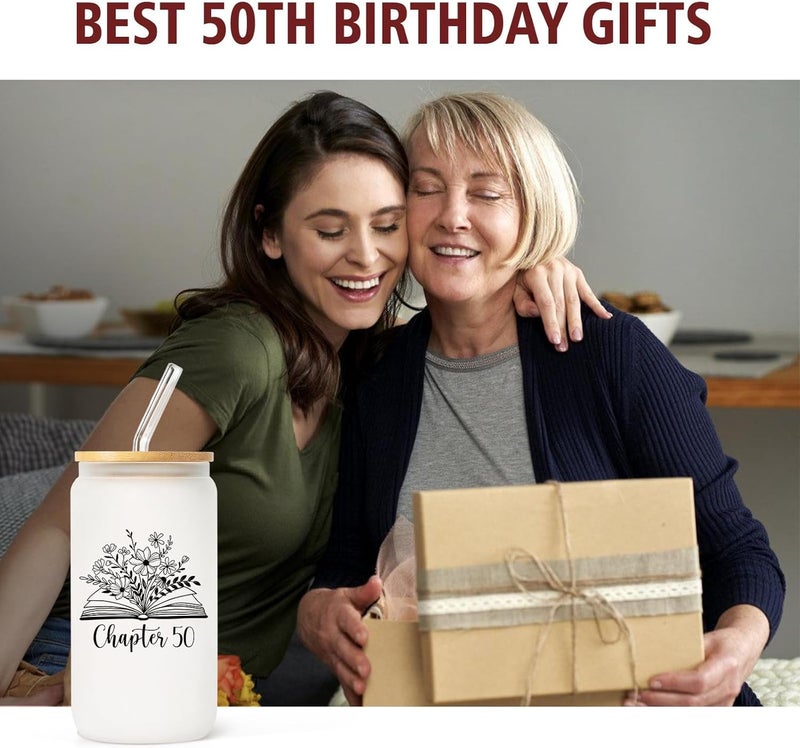 SteadStyle 50th Birthday Gifts for Her - 16oz Frosted Glass Cup with Lids and Straw, 50 Year Old Birthday Gifts for Women, Happy 50s Birthday Decoration for Mom, Sister, Friends, Daughter, Wife, - Image 2