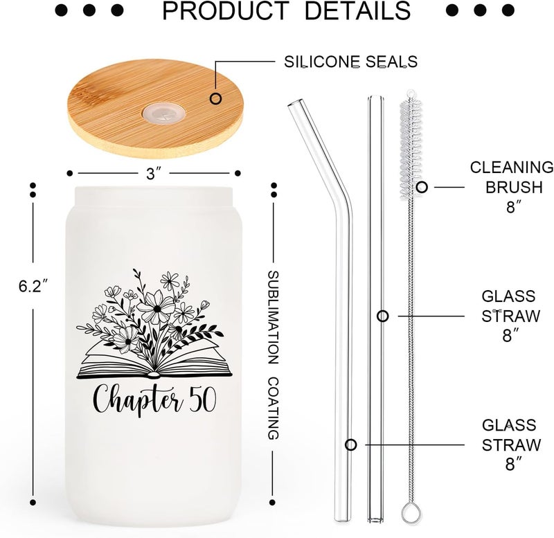 SteadStyle 50th Birthday Gifts for Her - 16oz Frosted Glass Cup with Lids and Straw, 50 Year Old Birthday Gifts for Women, Happy 50s Birthday Decoration for Mom, Sister, Friends, Daughter, Wife, - Image 3