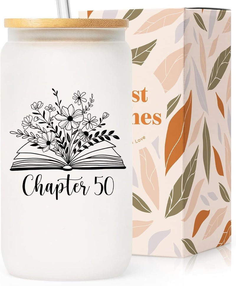 SteadStyle 50th Birthday Gifts for Her - 16oz Frosted Glass Cup with Lids and Straw, 50 Year Old Birthday Gifts for Women, Happy 50s Birthday Decoration for Mom, Sister, Friends, Daughter, Wife, - Image 1