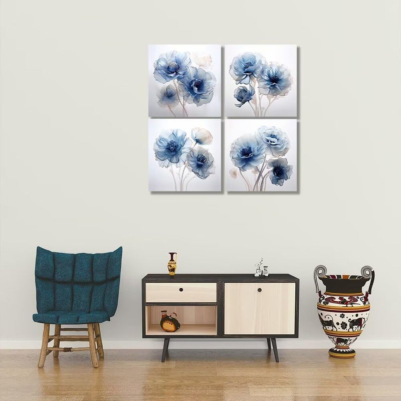 Wall HDQ Blue Flower Wall Art for Bathroom Bedroom Living Room Blue and White Wall Decor Floral Painting Canvas Print Picture for Home Decorations Framed Artwork Ready to Hang (12x12inchx4) - Image 3