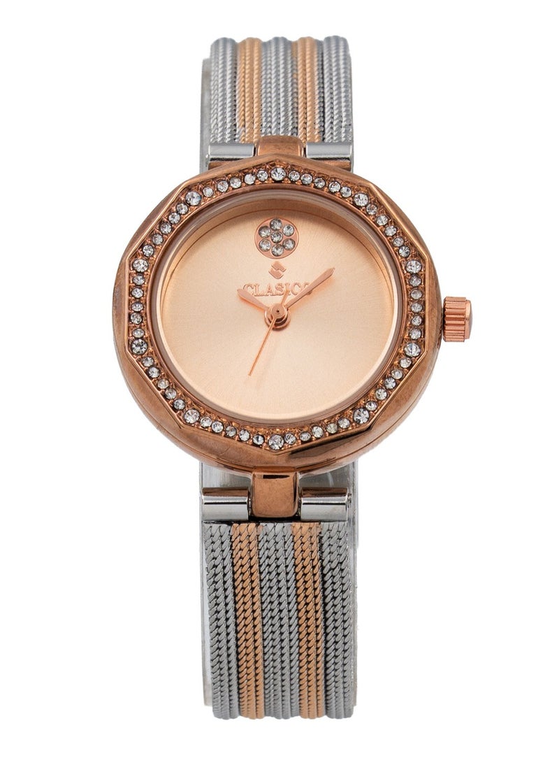 Clasico 🌟 ساعة زينة النسائية التناظرية - حزام معدني بلونين ⌚ قرص وردي ذهبي ✨ إطار وردي ذهبي مع كريستالات - ساعة فاخرة عصرية - Image 1
