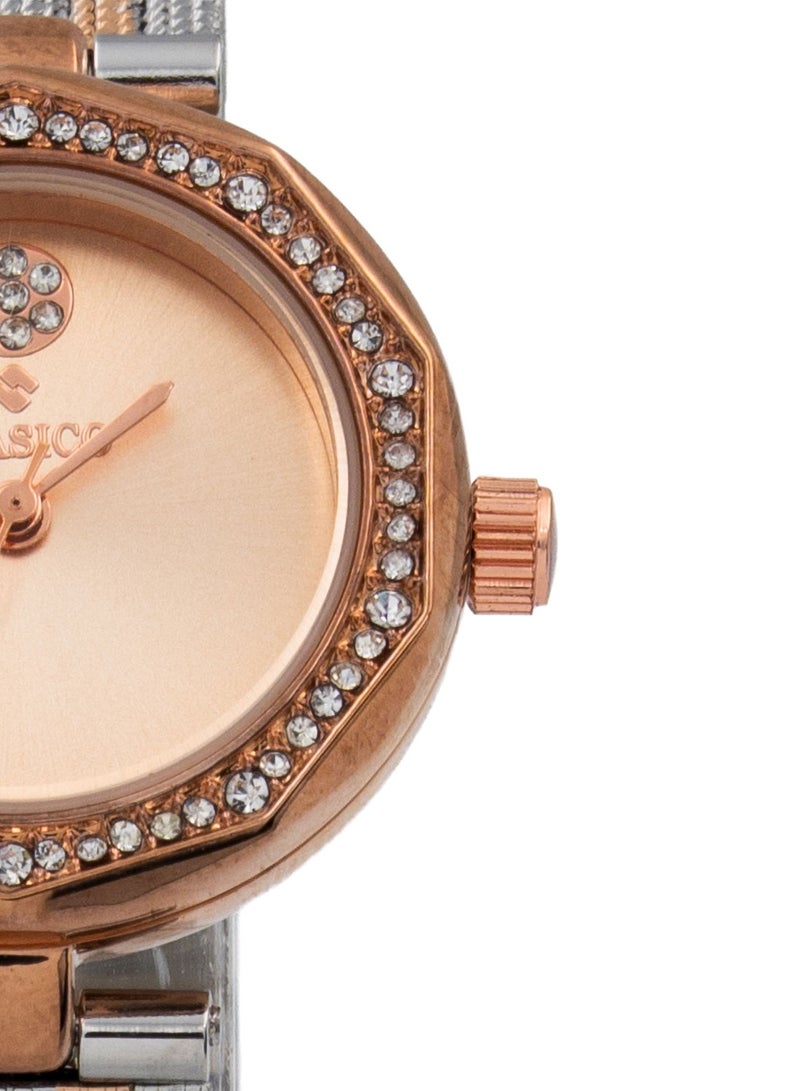 Clasico 🌟 ساعة زينة النسائية التناظرية - حزام معدني بلونين ⌚ قرص وردي ذهبي ✨ إطار وردي ذهبي مع كريستالات - ساعة فاخرة عصرية - Image 2