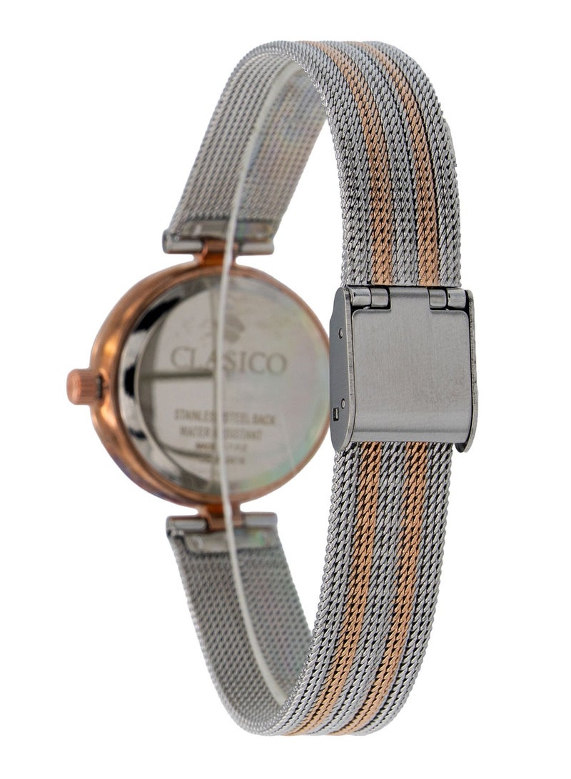 Clasico 🌟 ساعة زينة النسائية التناظرية - حزام معدني بلونين ⌚ قرص وردي ذهبي ✨ إطار وردي ذهبي مع كريستالات - ساعة فاخرة عصرية - Image 4