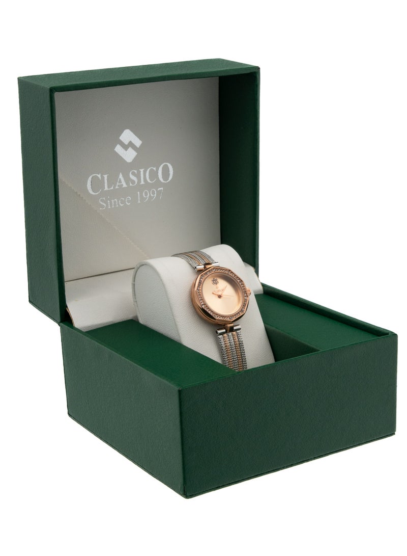 Clasico 🌟 ساعة زينة النسائية التناظرية - حزام معدني بلونين ⌚ قرص وردي ذهبي ✨ إطار وردي ذهبي مع كريستالات - ساعة فاخرة عصرية - Image 5