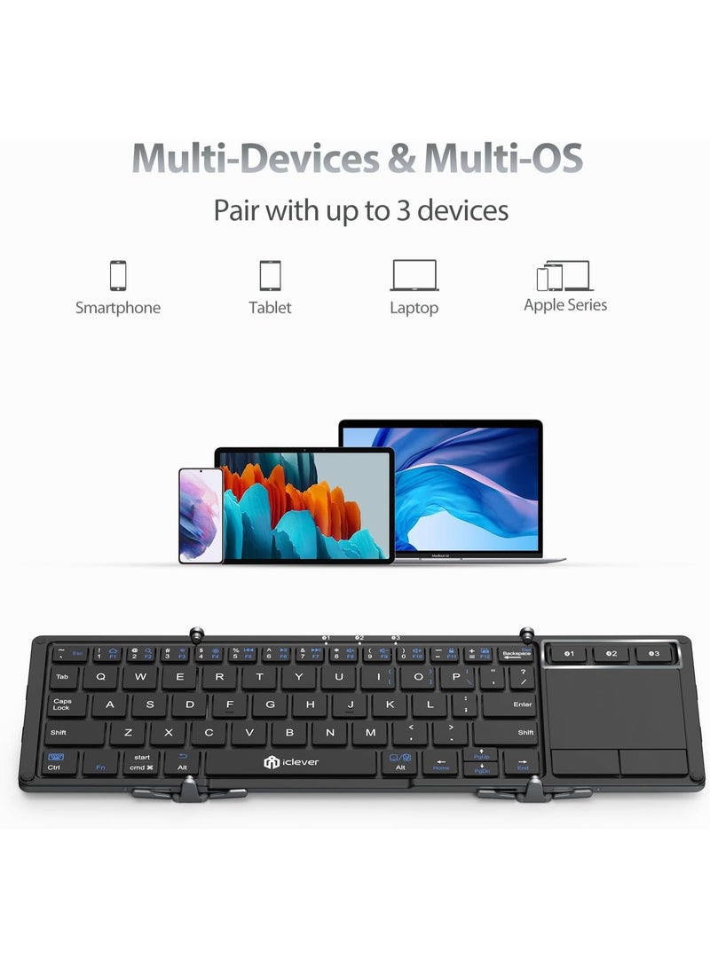 آيكليفير لوحة مفاتيح لاسلكية قابلة للطي مع لوحة لمس حساسة، ولوحات مفاتيح بلوتوث ثلاثية الطي بحجم الجيب - Image 4