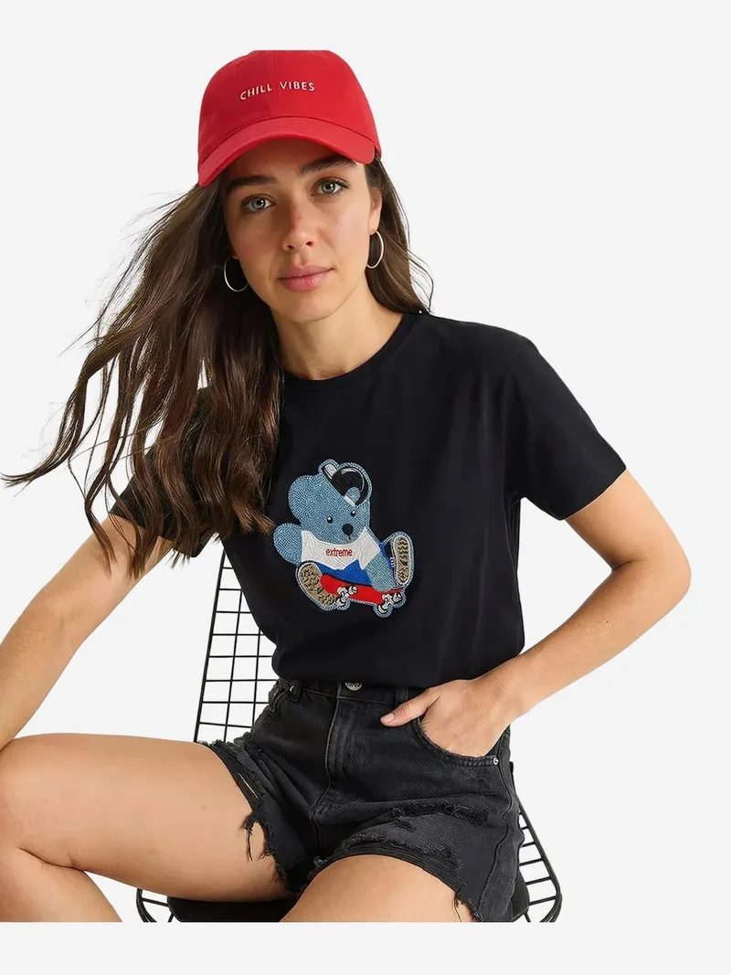 Bianco Lucci Black LUCCI Embroidered Crew Neck T-Shirt for Women | Best Price UAE