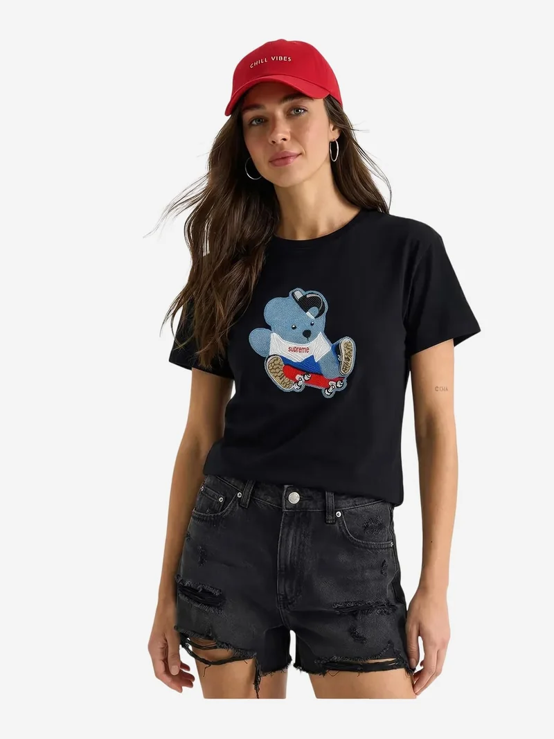 Bianco Lucci Black LUCCI Embroidered Crew Neck T-Shirt for Women | Best Price UAE