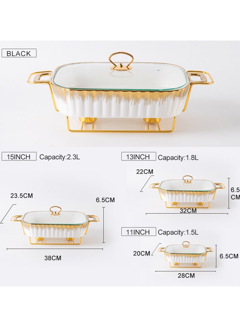 Large Porcelain Casserole Dish 15 Inch 2.3L with Elegant Gold Trim