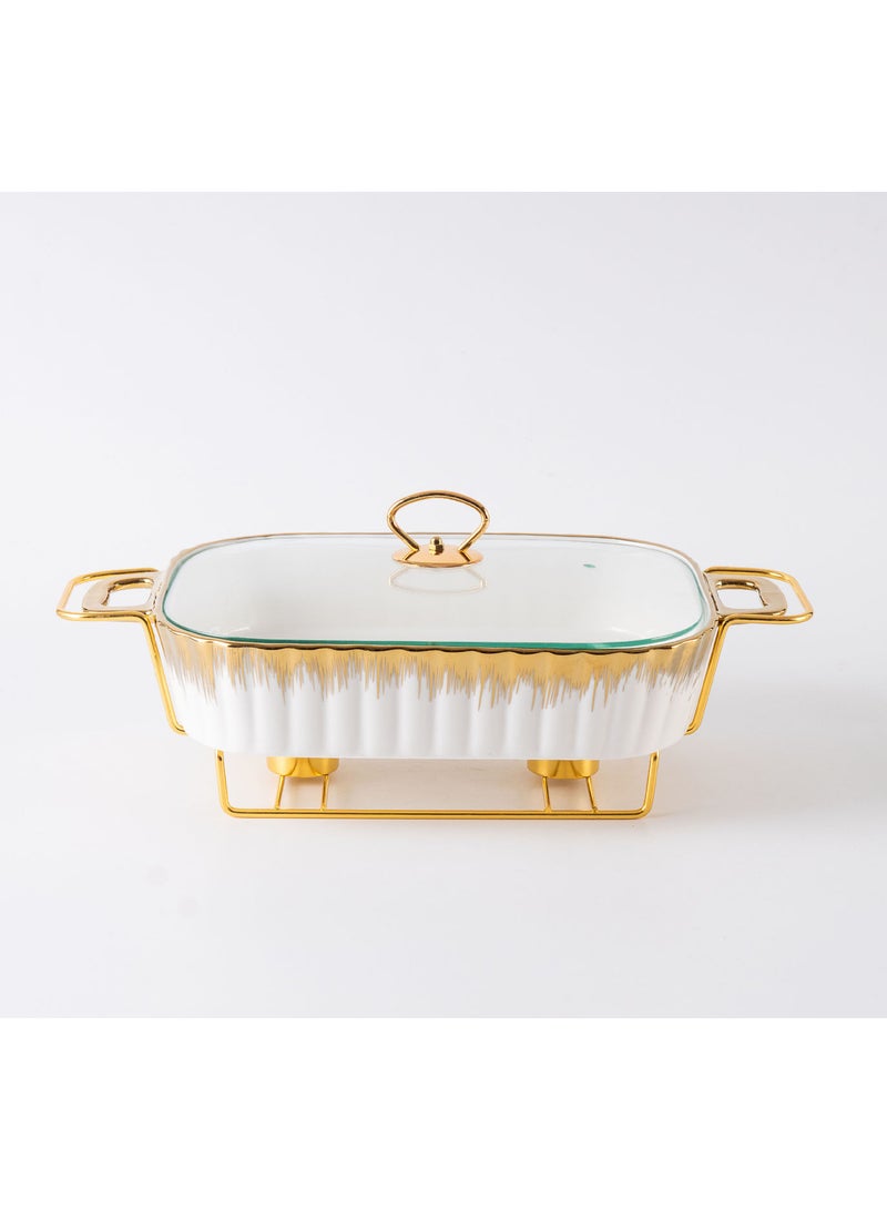 Large Porcelain Casserole Dish 15 Inch 2.3L with Elegant Gold Trim