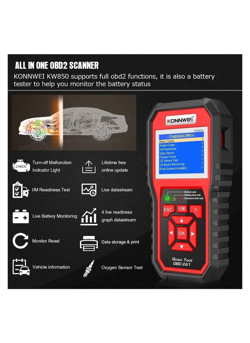 Konnwei - KONNWEI KW850 OBDII Scanner - Professional Auto Code Reader for Diagnosing Check Engine Light in OBDII Cars，Universal Automotive Code Scanner Diagnostic Tool - Image 1