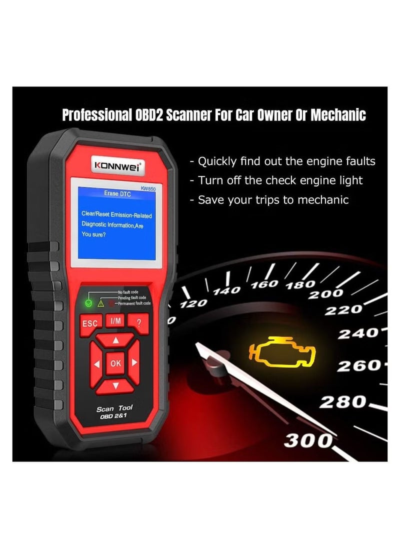 Konnwei - KONNWEI KW850 OBDII Scanner - Professional Auto Code Reader for Diagnosing Check Engine Light in OBDII Cars，Universal Automotive Code Scanner Diagnostic Tool - Image 1