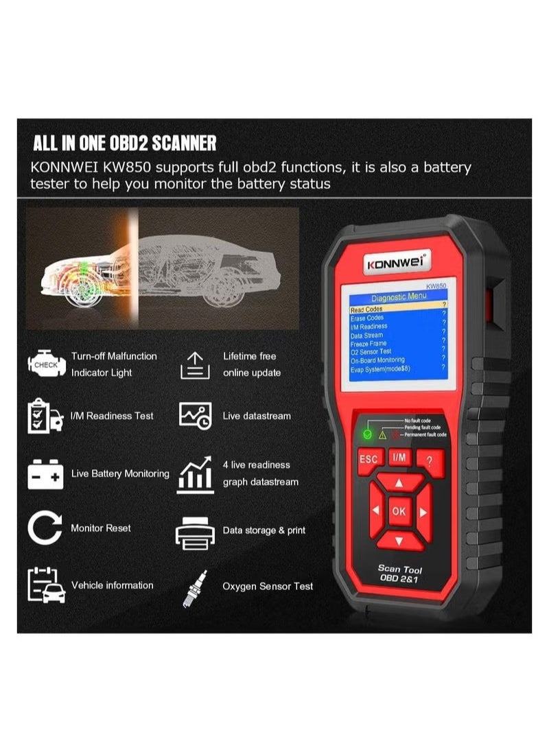 Konnwei - KONNWEI KW850 OBDII Scanner - Professional Auto Code Reader for Diagnosing Check Engine Light in OBDII Cars，Universal Automotive Code Scanner Diagnostic Tool - Image 1