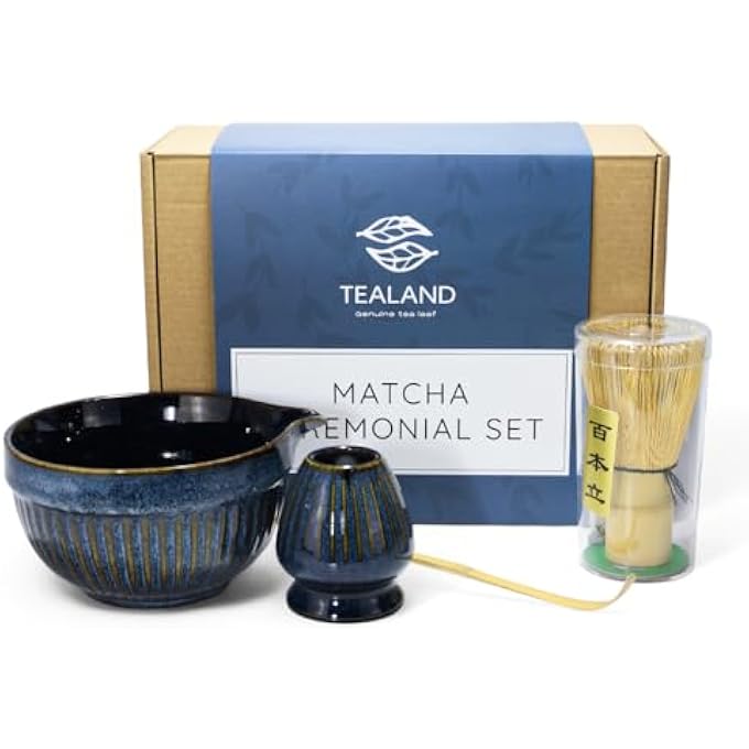 تيلاند طقم شاي ماتشا فاخر من إيلاند، مكون من 4 قطع، طقم ياباني تقليدي مع خفاقة من الخيزران، مغرفة من الخيزران، وعاء سيراميكي، حامل خفاقة من السيراميك، طقم احتفالي كامل لصنع ماتشا أصيل، أزرق - Image 1