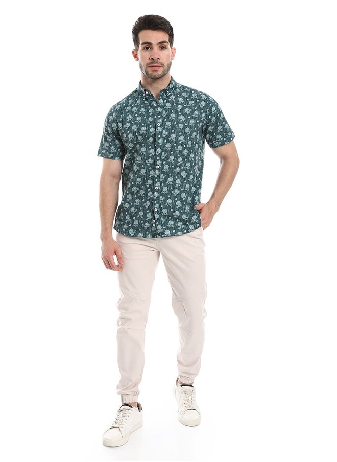 Andora - Floral Half Sleeves Buttoned  Shirt_Floral Green - Image 1