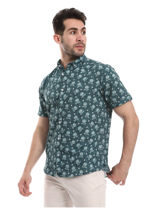 Andora - Floral Half Sleeves Buttoned  Shirt_Floral Green - Image 1