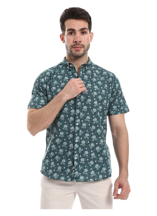 Andora - Floral Half Sleeves Buttoned  Shirt_Floral Green - Image 1