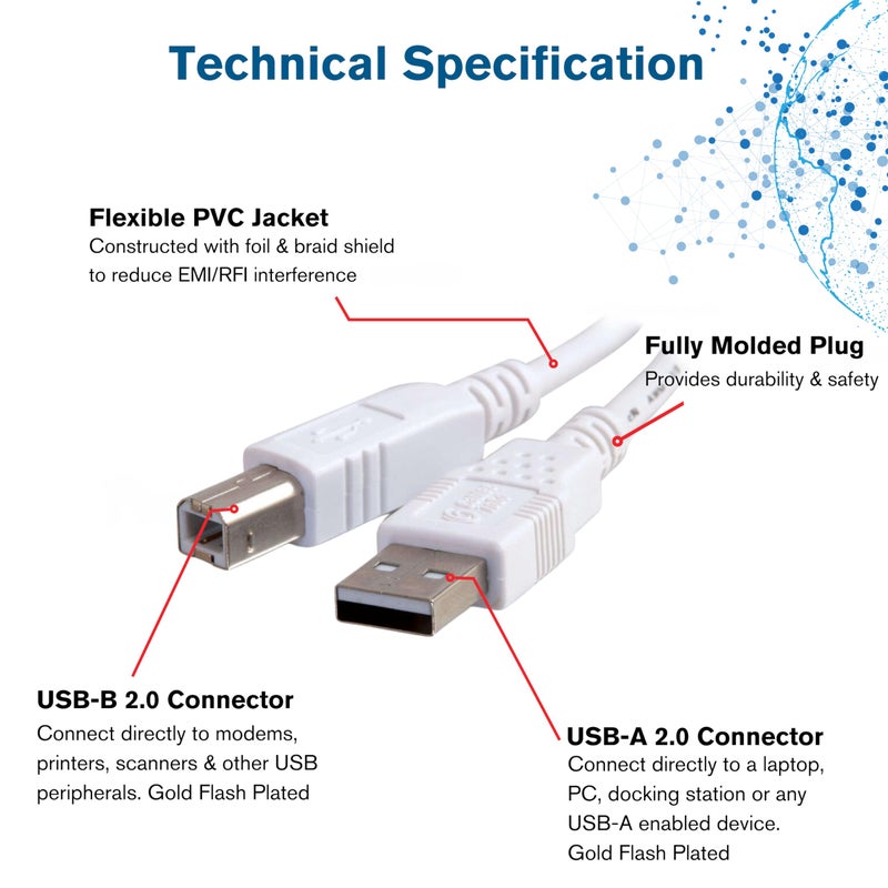 C2G USB Cable, USB 2.0 Cable, USB A to B Cable, 3.28 Feet (1 Meter), White, Cables to Go 13171 - Image 3