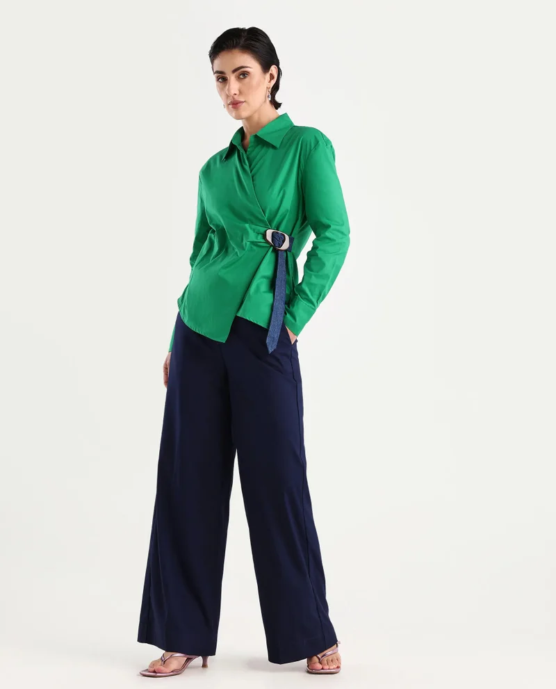 Rareism Rareism Women Bhashio-T Green Cotton Fabric Full Sleeve Collared Neck Tie-Up Closure Relaxed Fit Regular Plain Shirt