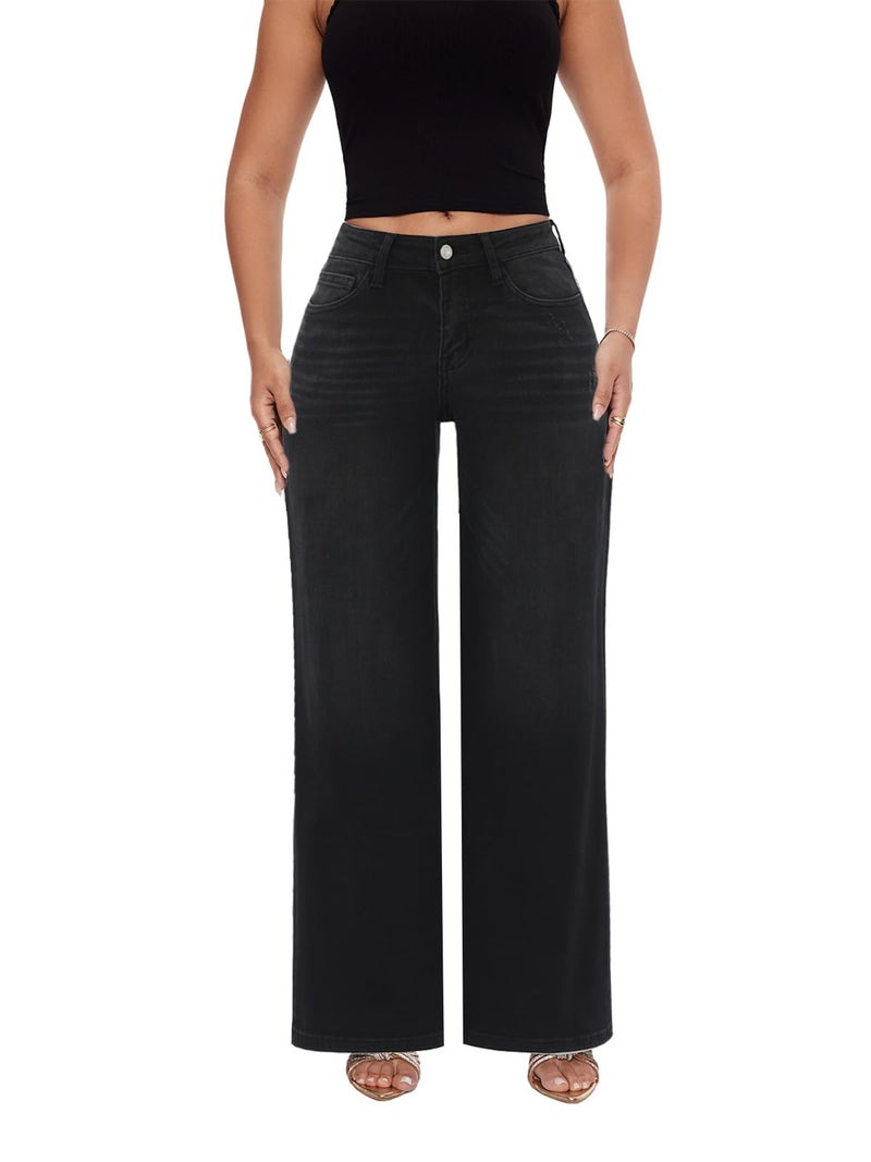 ONESO Wide Leg Jeans Mid Low Rise Baggy High Stretchy Jeans for Women Trendy Lady Basic Comfortable Denim - Image 1