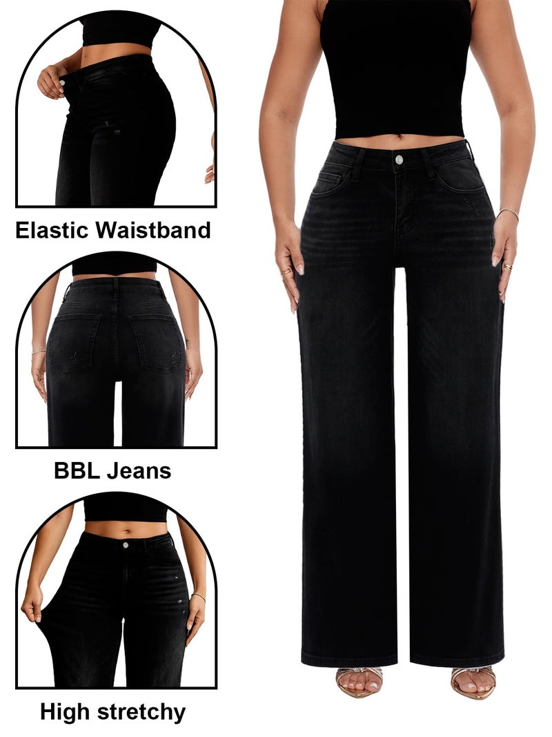 ONESO Wide Leg Jeans Mid Low Rise Baggy High Stretchy Jeans for Women Trendy Lady Basic Comfortable Denim - Image 5