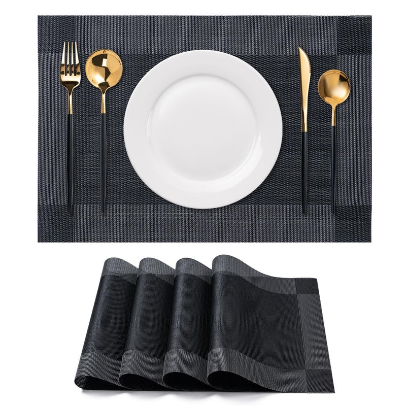 Cadono Placemats Set Of 4 Washable Indoor/Outdoor Vinyl Place Mats For Dining Table Durable Non-Slip Heat Resistant Pvc Weave Table Mats(Four-Corner-Black) - Image 1