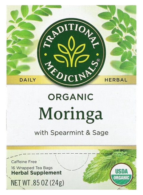 Organic Moringa with Spearmint  Sage Caffeine Free 16 Wrapped Tea Bags 0.85 oz 24 g