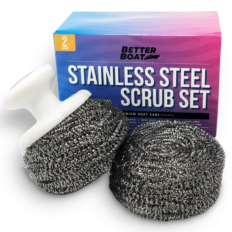 Stainless Steel Scrubber Set Marine Grade Steel Wool Scouring Pads with Brush Handle Heavy Duty Cleaning Supplies for Kitchen Dishes Teak Wood Outdoor Furniture and Metal Tough Cleaning Tasks