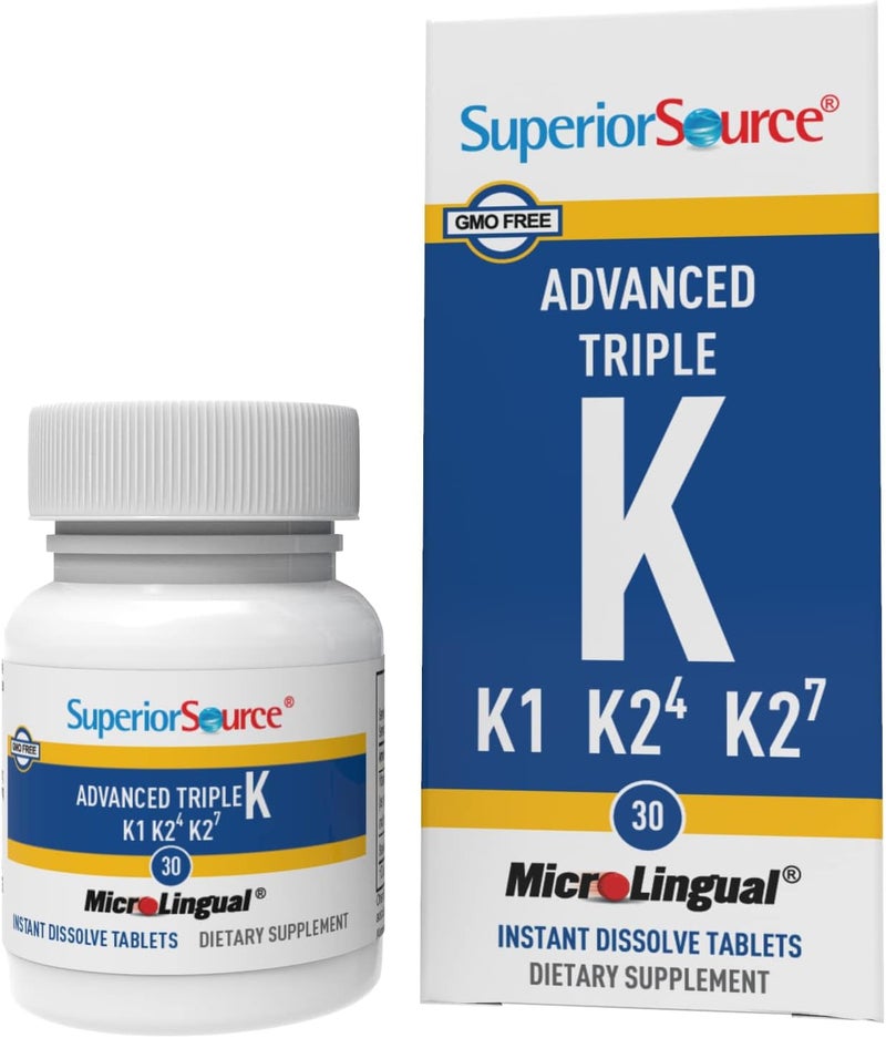Superior Source Triple K 3in1 Formula MK4 500 mcg MK7 50 mcg K1 500 mcg Quick Dissolve Sublingual Tablets 30 Count Healthy Bones and Arteries Immune Cardiovascular Support NonGMO