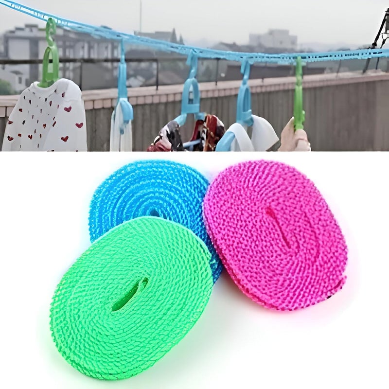 BROOKITCHEN 5 Meters Windproof AntiSlip Clothes Washing Line Drying Nylon Rope with Hooks 5 Meter Nylon Clothesline Rope2 PCS - Image 1