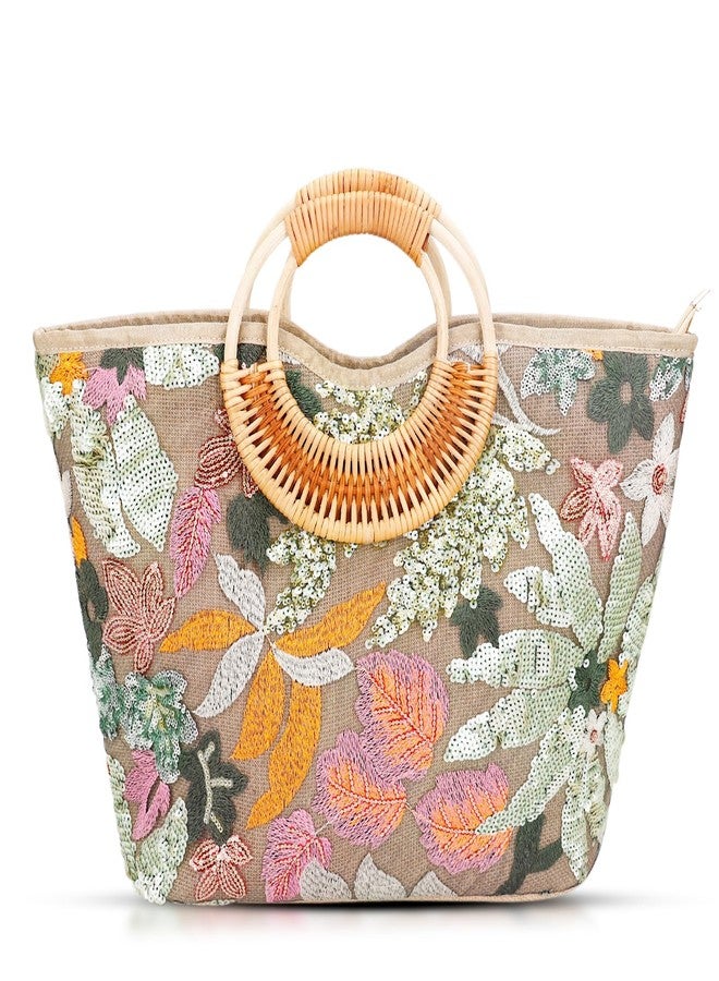 QTKJ Tote Bag for Women, Beach Bag, Sequin Embroidery Straw Bag, Hand-Woven Rounded Bamboo Handle, Bohemian Handbag Large Capacity Shoulder Bag Suitable for Travel Daily(Green) - Image 1