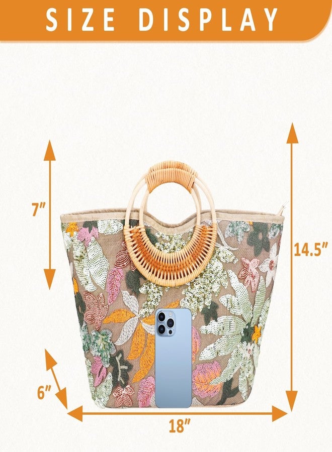 QTKJ Tote Bag for Women, Beach Bag, Sequin Embroidery Straw Bag, Hand-Woven Rounded Bamboo Handle, Bohemian Handbag Large Capacity Shoulder Bag Suitable for Travel Daily(Green) - Image 4
