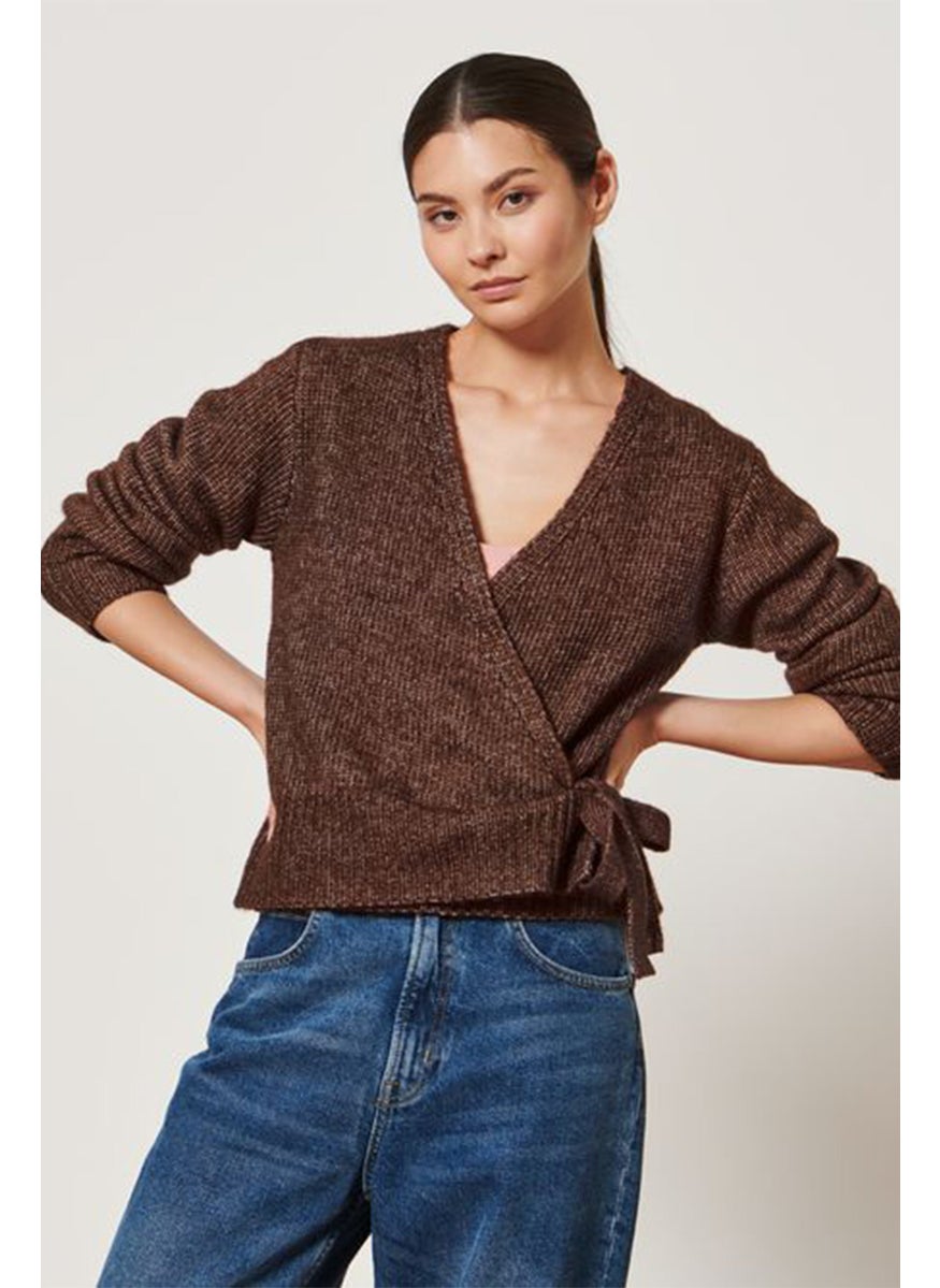 Tchibo Women Surplice Neck Knitted Cardigan, Brown  - Image 1