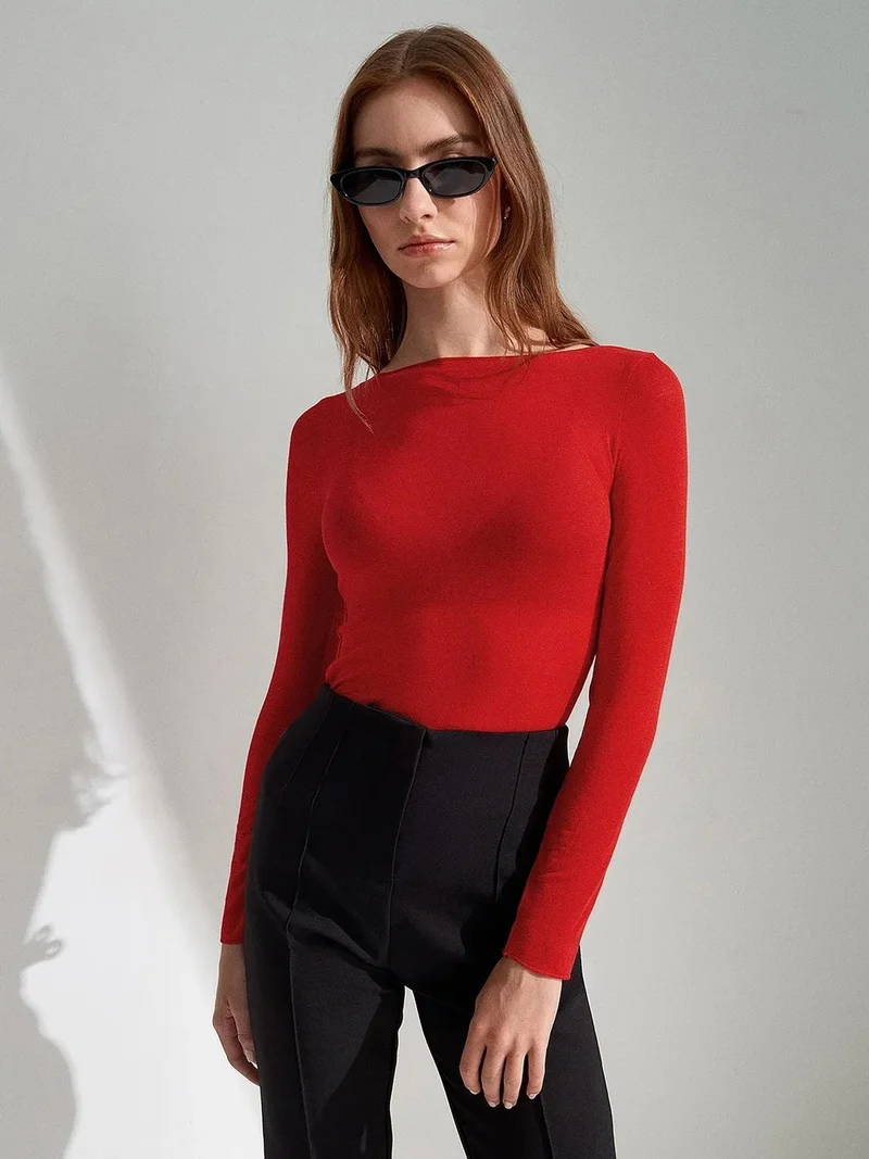 Dilvin DILVIN Slim Fit Boat Neck Long Sleeve Knit Blouse