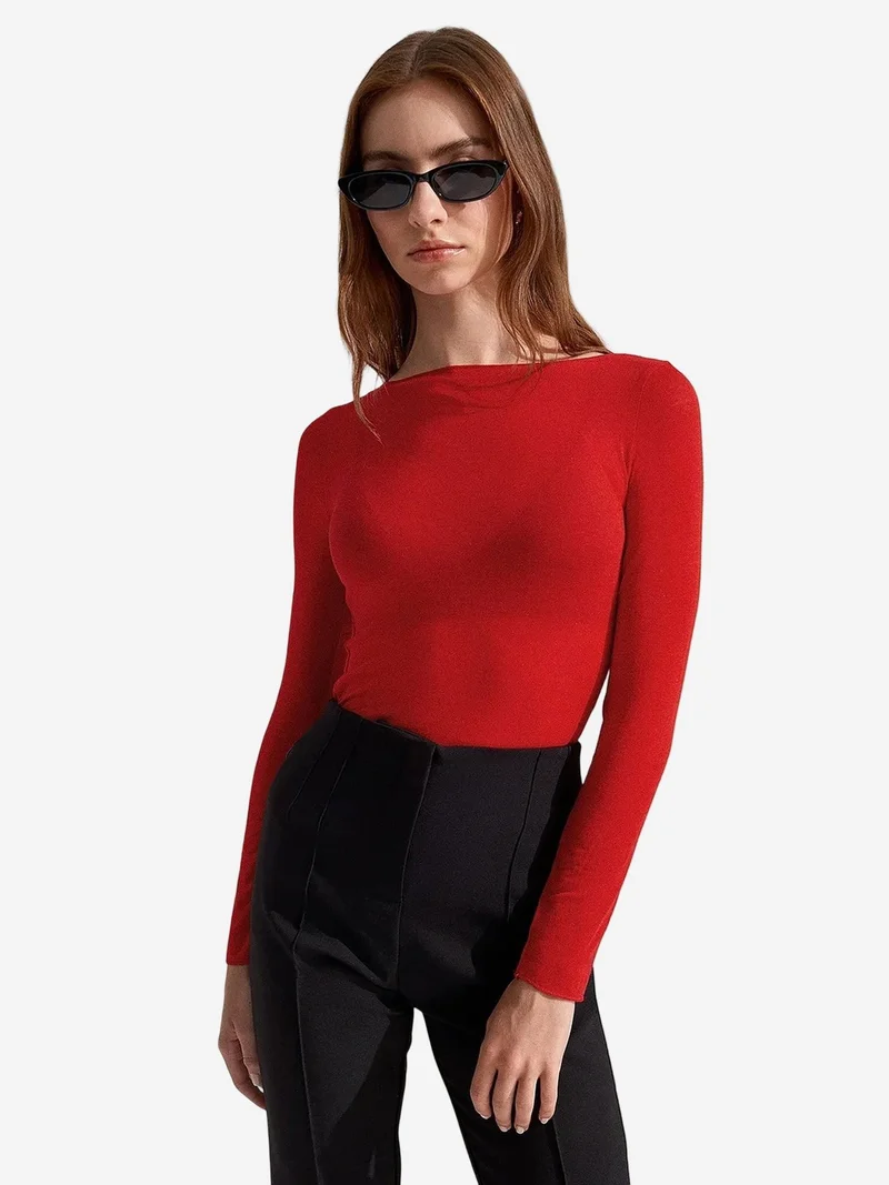 Dilvin DILVIN Slim Fit Boat Neck Long Sleeve Knit Blouse