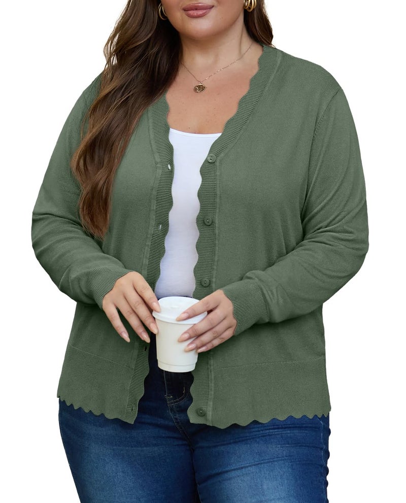 OLRIK Plus Size Cardigan for Women Lightweight Fall Sweaters for Women 2024 Plus Size Jackets Army Green-1X - Image 3