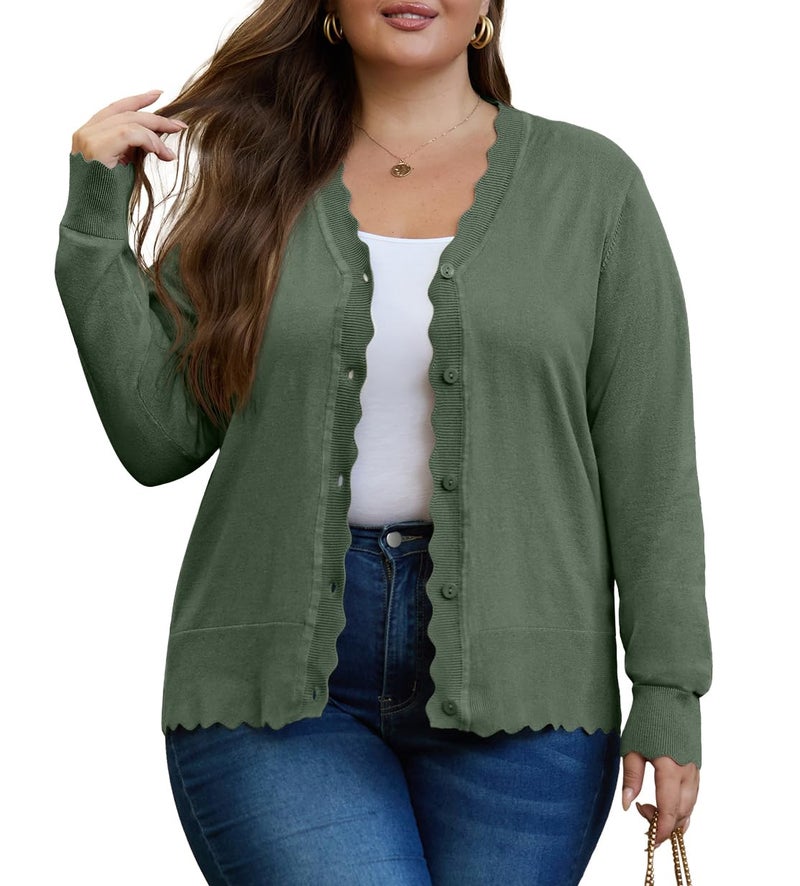 OLRIK Plus Size Cardigan for Women Lightweight Fall Sweaters for Women 2024 Plus Size Jackets Army Green-1X - Image 1