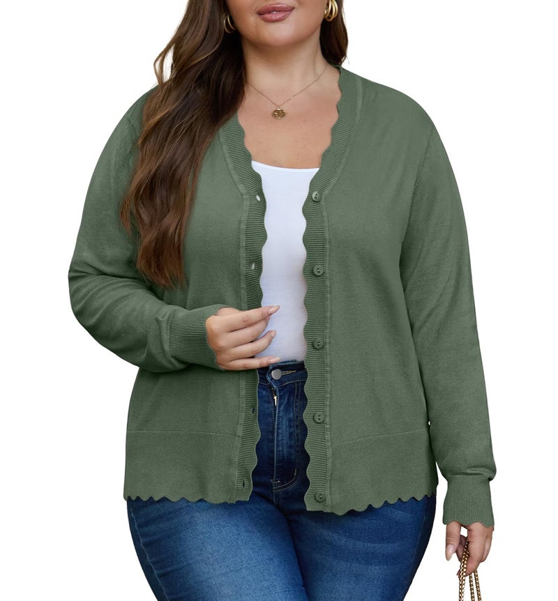 OLRIK Plus Size Cardigan for Women Lightweight Fall Sweaters for Women 2024 Plus Size Jackets Army Green-1X - Image 2