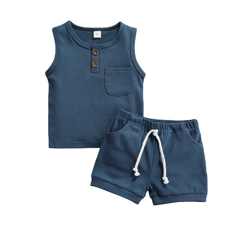 CIYCUIT 2Pcs Baby Boy Summer Clothes Infant Toddler Solid Color Sleeveless Tank Tops Shorts Set Blue 12-18 Months - Image 1
